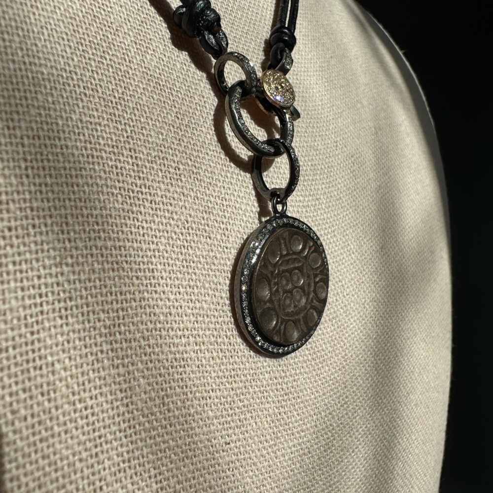 14k Gold, Sterling Silver, Natural Diamond, leather Chord Necklace - Picture 5 of 10